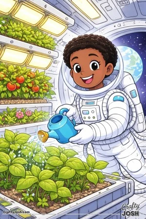 A young astronaut floats inside a space station greenhouse, watering leafy plants with a small watering can while Earth shines through a round window