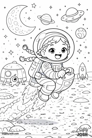 Zooming past the moon, this adventurous astronaut rides a jet pack with a huge smile and flying braids.