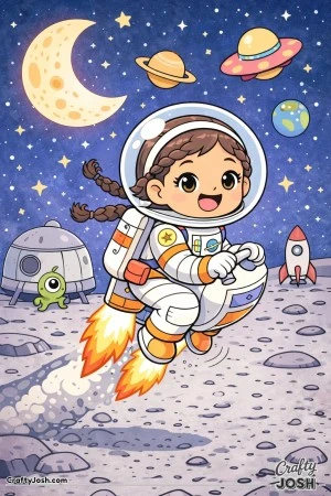 Zooming past the moon, this adventurous astronaut rides a jet pack with a huge smile and flying braids.