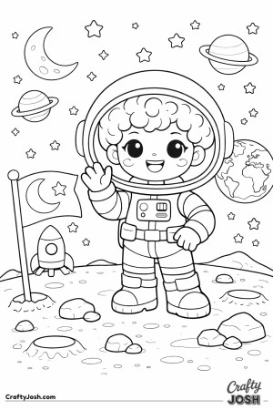 Blast off into a happy moon adventure with this cheerful astronaut waving from the stars!