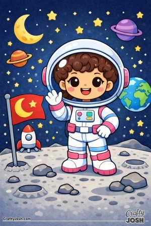 Blast off into a happy moon adventure with this cheerful astronaut waving from the stars!