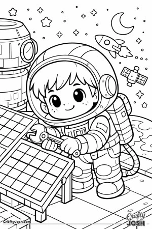 This cheerful young astronaut is hard at work fixing a solar panel high above Earth, floating among stars, satellites, and rockets.