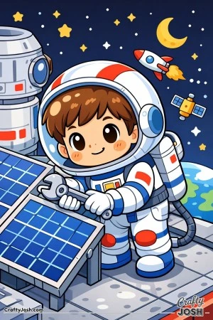 This cheerful young astronaut is hard at work fixing a solar panel high above Earth, floating among stars, satellites, and rockets.