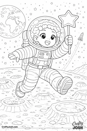 Hopping from crater to crater, this joyful astronaut waves a star-shaped flag under a sky full of sparkle.