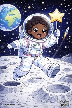 Hopping from crater to crater, this joyful astronaut waves a star-shaped flag under a sky full of sparkle.