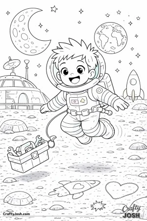 A astronaut with spiky hair floats above the moon while a toolbox full of tools drifts beside him, with a lunar base, rocket, and stars in the ..