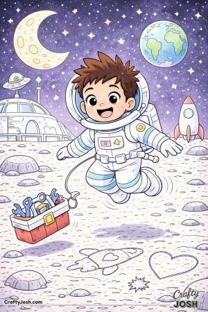 A astronaut with spiky hair floats above the moon while a toolbox full of tools drifts beside him, with a lunar base, rocket, and stars in the ..