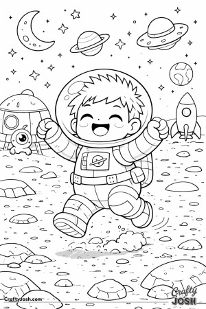 This happy little astronaut bounces across the moon, arms raised in pure excitement.
