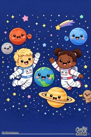 Two kids in astronaut suits float between smiling planets, waving as they drift through space