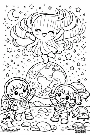 A cheerful aurora character dances in a starry sky above a planet while two kids in space suits watch happily from a rocky moon surface beside a ..