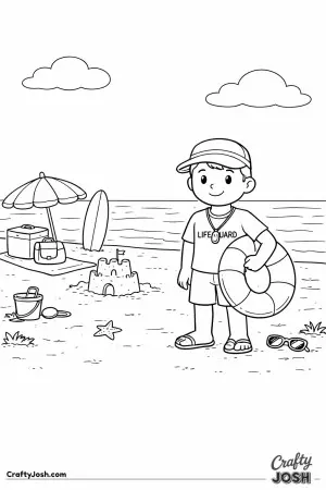 This sunny Australian beach scene shows a friendly lifeguard keeping watch by the ocean with a big float ring