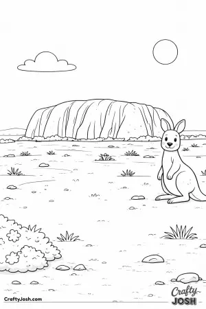A friendly kangaroo hops through the wide Australian Outback with a giant rock rising behind it under the sunny sky