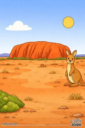 A friendly kangaroo hops through the wide Australian Outback with a giant rock rising behind it under the sunny sky