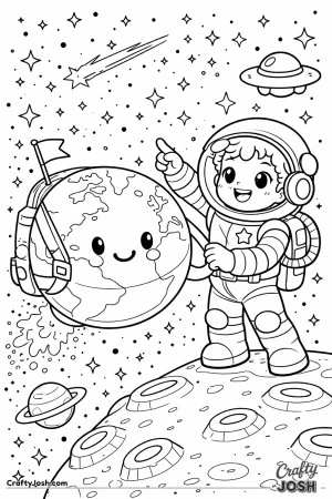 A planet with a backpack floats through space while a kid astronaut points the way beside it, with stars, a UFO, a shooting star, and a ringed planet ..