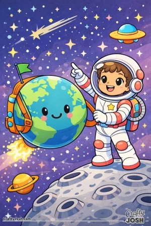 A planet with a backpack floats through space while a kid astronaut points the way beside it, with stars, a UFO, a shooting star, and a ringed planet ..