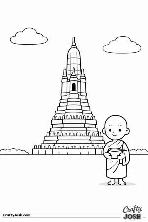 This peaceful Bangkok temple scene shows a tall tower reaching into the sky while a smiling monk stands nearby with his bowl