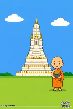 This peaceful Bangkok temple scene shows a tall tower reaching into the sky while a smiling monk stands nearby with his bowl