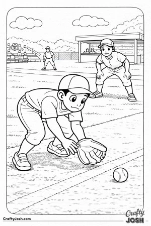 This coloring page shows an infielder bending low to field a ground ball