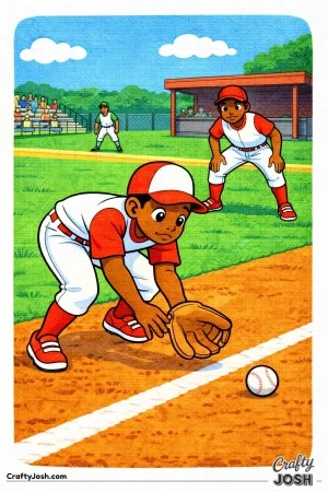 This coloring page shows an infielder bending low to field a ground ball