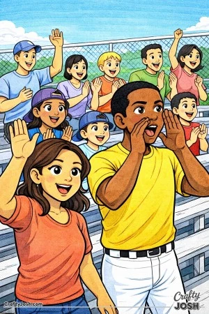 Parents and siblings cheer and clap from the bleachers