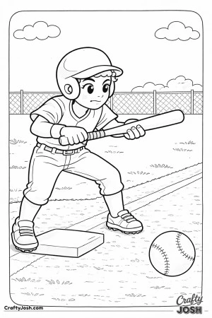 This coloring page shows a young baseball player holding the bat steady for a bunt as the ball approaches
