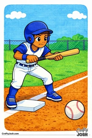 This coloring page shows a young baseball player holding the bat steady for a bunt as the ball approaches