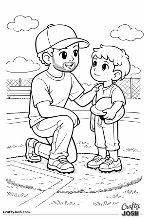 This coloring page shows a young baseball coach kneeling beside a player, offering quiet encouragement while the player listens