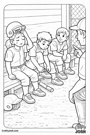 This coloring page shows young baseball teammates resting on a dugout bench after an inning