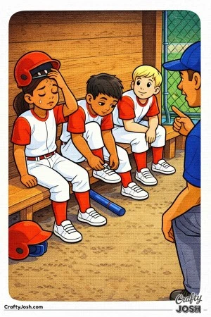 This coloring page shows young baseball teammates resting on a dugout bench after an inning