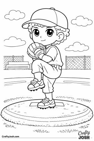 This coloring page shows a young baseball pitcher balanced on the mound at the peak of their wind-up
