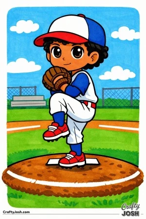 This coloring page shows a young baseball pitcher balanced on the mound at the peak of their wind-up