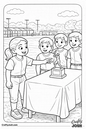 This coloring page shows young baseball teammates gathered around a trophy table, with one player reaching out to touch the trophy while others smile ..