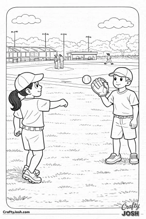 This coloring page shows two young baseball players warming up in the outfield by throwing and catching the ball before a gamed
