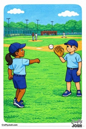 This coloring page shows two young baseball players warming up in the outfield by throwing and catching the ball before a gamed