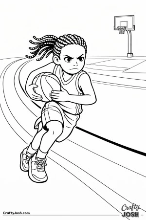A youth basketball player drives hard along the baseline, protecting the ball while leaning forward with speed and determination as a distant hoop ..