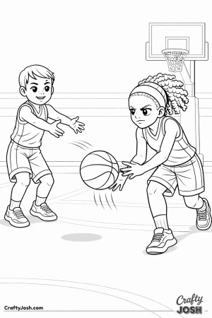 Two young basketball teammates face each other as one delivers a perfectly timed bounce pass to the other inside a gym