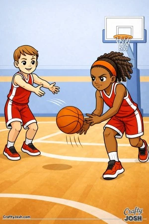 Two young basketball teammates face each other as one delivers a perfectly timed bounce pass to the other inside a gym