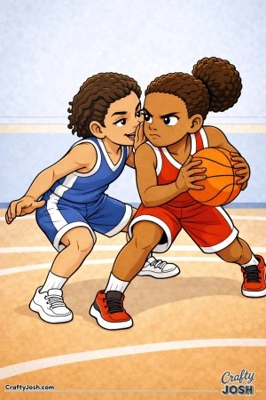 A young basketball defender leans in with playful confidence while closely guarding an opponent holding the ball in a tense gym moment