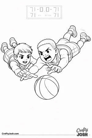 Two young basketball players dive headfirst toward a loose ball in the final seconds as the buzzer sounds in a gym