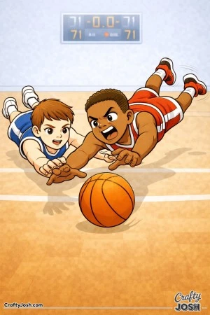 Two young basketball players dive headfirst toward a loose ball in the final seconds as the buzzer sounds in a gym