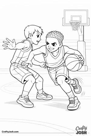 A young basketball player drives aggressively toward the hoop while a defender slides in front to cut off the lane during a game moment in the gym