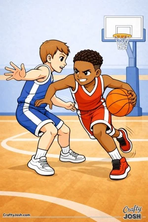 A young basketball player drives aggressively toward the hoop while a defender slides in front to cut off the lane during a game moment in the gym