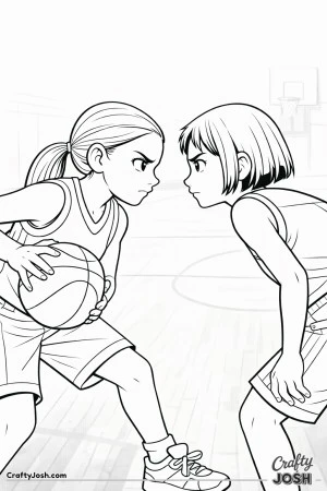 A young basketball player holds the ball low and steady while facing an opposing defender in a tense one-on-one moment on the court