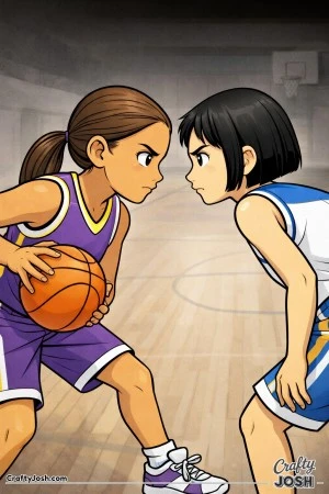 A young basketball player holds the ball low and steady while facing an opposing defender in a tense one-on-one moment on the court