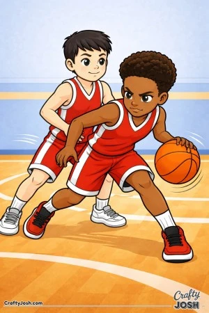 A young basketball player dribbles tightly around a teammate who is setting a strong pick during a practice play in a gym