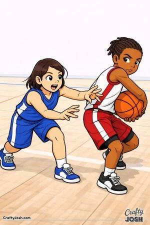 A young basketball player lunges forward to attempt a steal as an opposing player twists away while protecting the ball near their hip