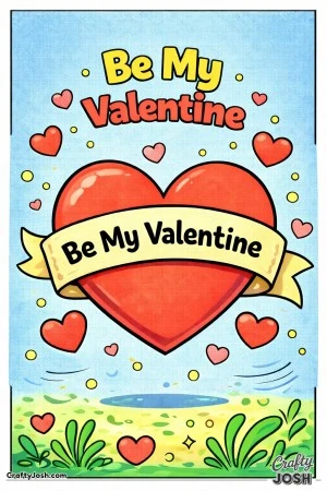 This classic Valentine’s Day coloring page features a large heart with a ribbon banner and the timeless message “Be My Valentine.”