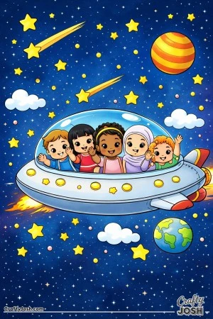 A group of kids ride together inside a big friendly spaceship with a clear dome, all smiling and waving in outer space with stars, clouds, and ..