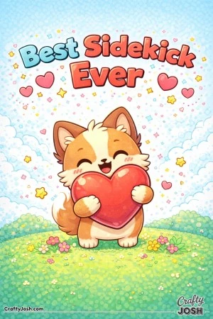 This Valentine’s Day coloring page features a joyful animal sidekick hugging a big heart under the message “Best Sidekick Ever.”