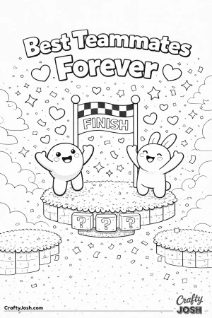 This fun Valentine’s Day coloring page celebrates friendship and teamwork with two happy characters cheering at a finish flag featuring the message ..